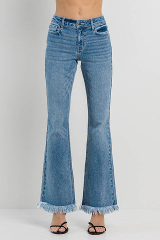 Fringe Hem Bootcut Jeans In Medium Denim