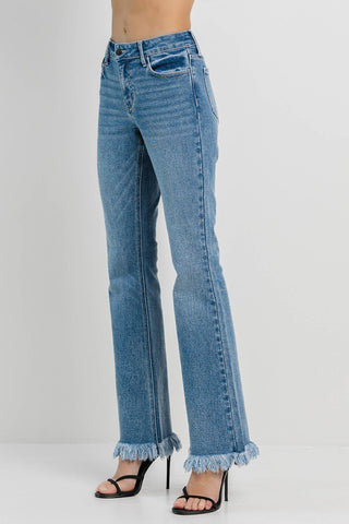 Fringe Hem Bootcut Jeans In Medium Denim