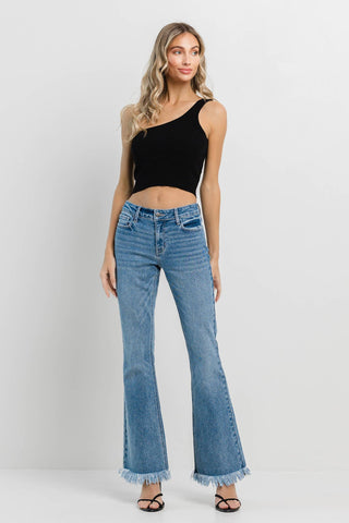 Fringe Hem Bootcut Jeans In Medium Denim