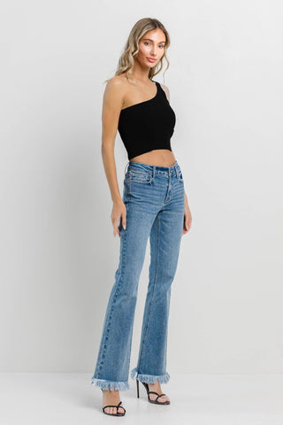 Fringe Hem Bootcut Jeans In Medium Denim