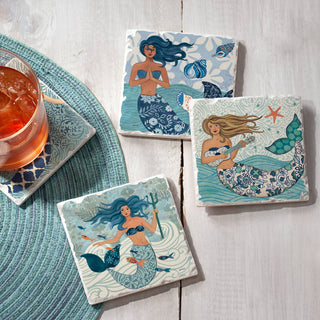 Mermaid Island Assorted Image Tumbled Tile Coaster 4 Pack
