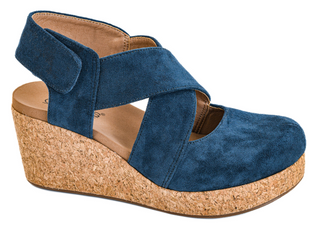 Corkys Case Closed Wedge Sandals In Navy Faux Suede