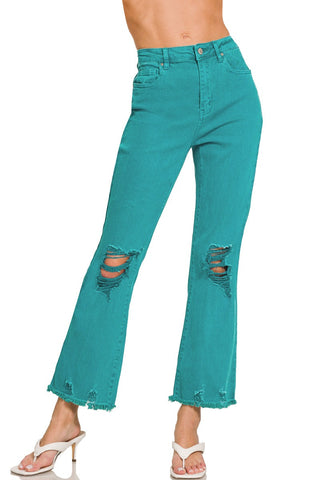 Posey High Waist Destroyed Acid Wash Pants in Light Teal