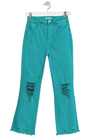 Posey High Waist Destroyed Acid Wash Pants in Light Teal