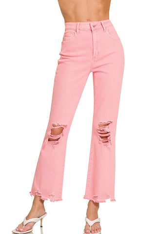 Posey High Waist Destroyed Acid Wash Pants in Pink