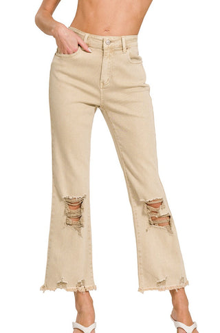 Posey High Waist Destroyed Acid Wash Pants in Sand