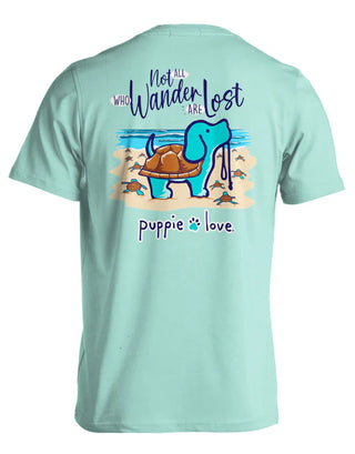 Not All Who Wander Turtle Pup Short Sleeve T-Shirt in Celadon