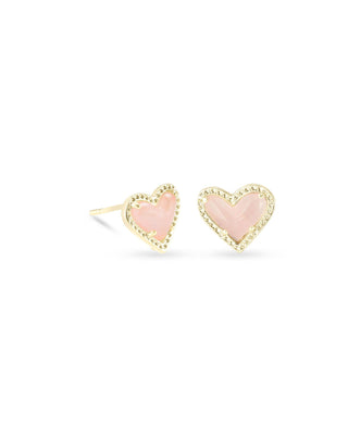 Ari Heart Stud Earrings in Gold Rose Quartz