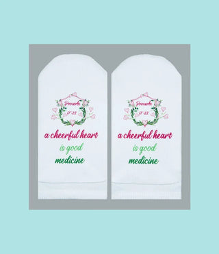 Standing in the Word Socks Hearts Crest with verse: Proverbs 17:22 Cheerful Heart