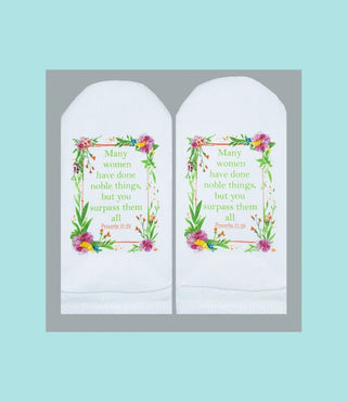 Standing on the Word Socks Floral with Verse:Proverbs 31:29 Many Women Have Done