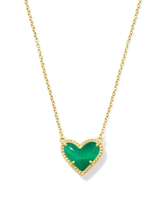 Ari Heart Short Pendant Necklace In Gold Emerald Cat's Eye Glass