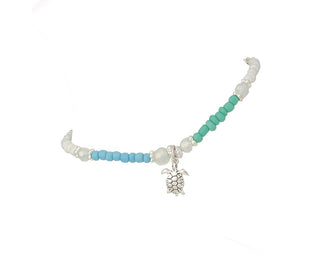 Anklet-Blue&White Beads Slv Turtle