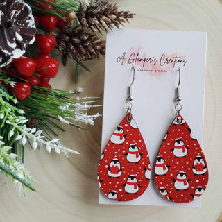 Christmas Penguins Wooden Teardrop Earrings