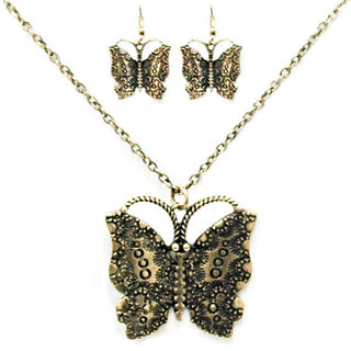 Butterfly Pendant Necklace Set- Gold