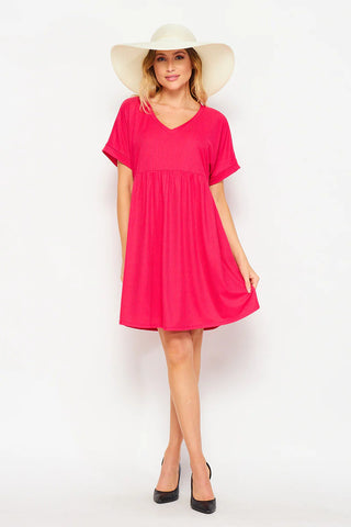 Sandra Ribbed V-Neck Baby Doll Dress in Fushia - Final Sale