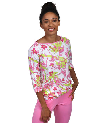 Betsy Printed 3/4 Sleeve Boatneck Top - Flamingo Park