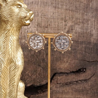 Divine Duo Two-Tone Cross Stud Earrings