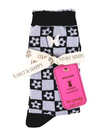 Simply Southern Black Flower Check Socks