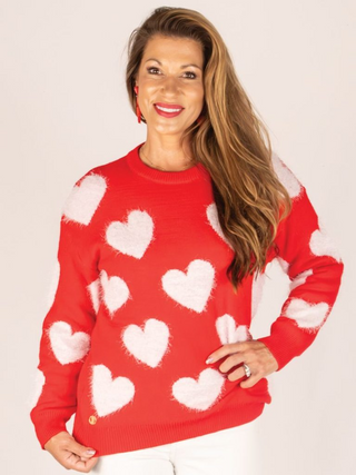 Fuzzy Hearts Sweater In Valentine Red