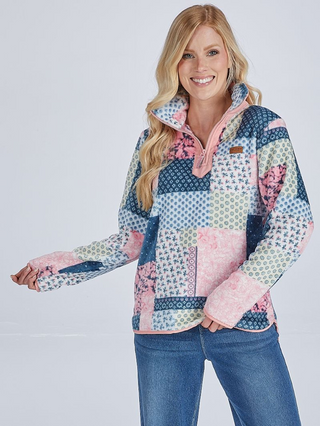 Chill Day Y Neck Zip Pullover In Quilt Pattern