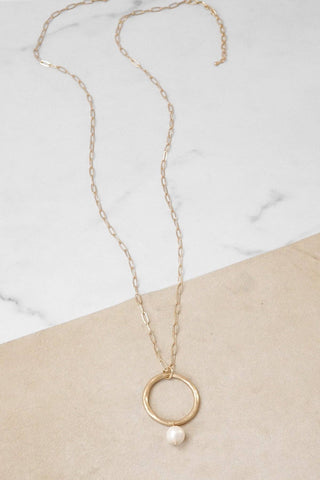 Minimalist long boho gold necklace with ring and pearl