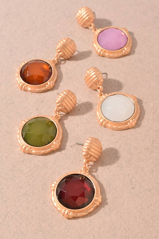 Faceted Round Stone Textured Gold Drop Earrings