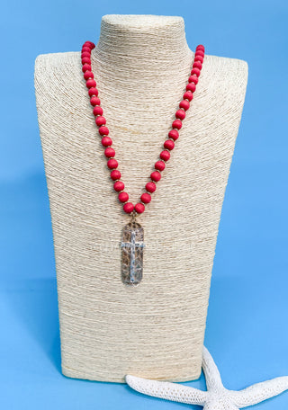 Beaded Cross Necklace in Wine