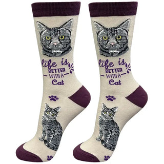 Life is Better With A Silver Tabby Crew Socks