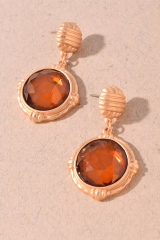 Faceted Round Stone Textured Gold Drop Earrings