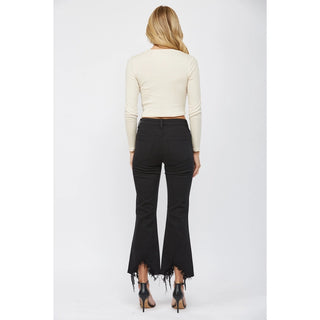 Uneven Hem High Rise Cropped Flare Jeans in Black