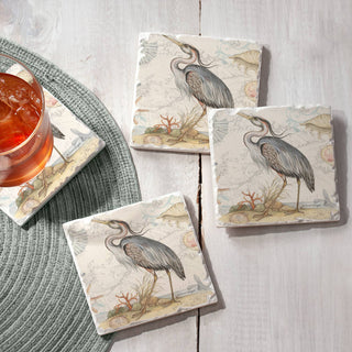 Shoreline Blue Heron Absorbent Stone Tumbled Tile Coasters