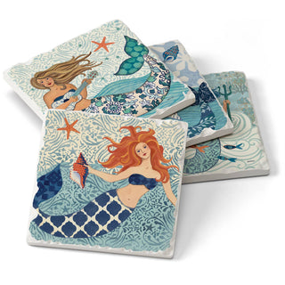 Mermaid Island Assorted Image Tumbled Tile Coaster 4 Pack