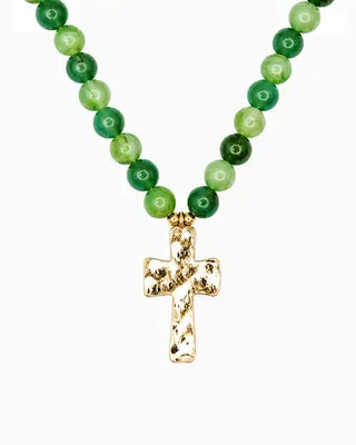 Hammered Cross Pendant Beaded Statement Necklace - 5 Color