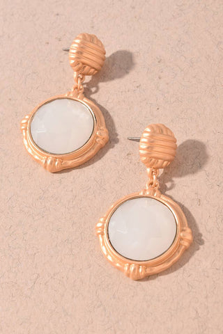Faceted Round Stone Textured Gold Drop Earrings