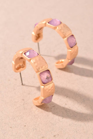 Faceted Stone & Hammered Metal Hoop Earrings