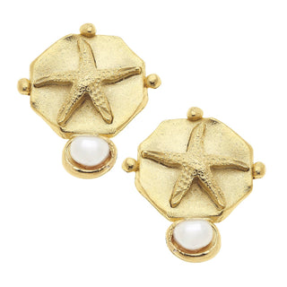 Gold Starfish Intaglio with Hand Set Genuine Freshwater Pearls Earrings