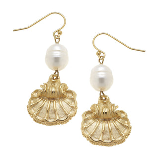 Gold scallop Shell and Genuine Freshwater Pearl Earrings