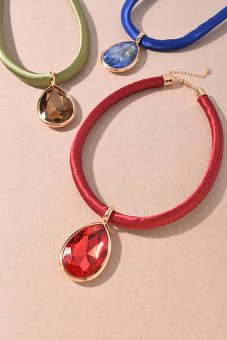 Satin Cord Teardrop Crystal Statement Necklace