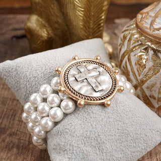 Gracebound Cross Coin & Chunky Pearl 3-in-1 Statement Bracelet