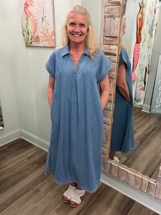 Walk To The Sounds Midi Dress in Light Denim