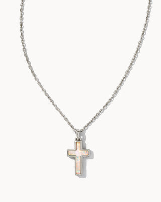 Rhodium Cross Pendant Necklace in White Opal