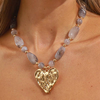Hammered Heart Pendant Resin Beaded Necklace