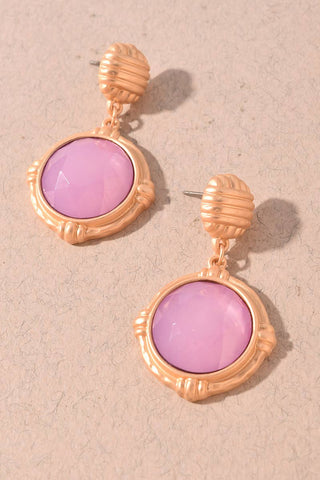 Faceted Round Stone Textured Gold Drop Earrings
