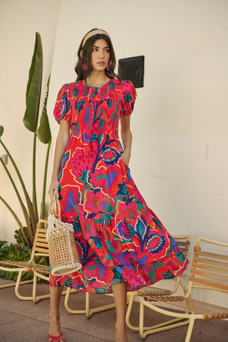 Flora Fiesta Dress In Red-Multi