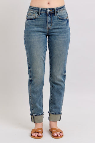 Vintage Wash Panel & Double Roll Cuff Boyfriend Jeans By Judy Blue In Medium