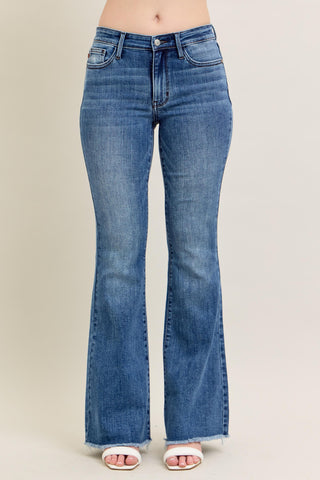 Vintage Wash Flare With Destroy And Fray Hem Jeans By Judy Blue In Medium