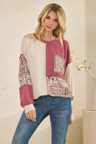 Beauty Within Top In Oatmeal/Burgundy