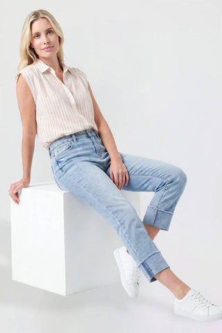 Mid Rise Premium Stretch Cuff Cropped Slim Straight Jean