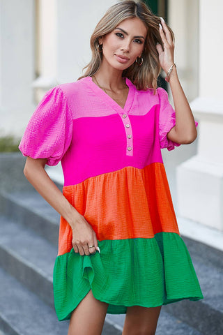 Multicolor Color Block Tiered Puff Sleeve Dress