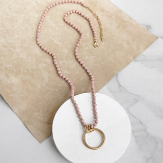 Long Wooden Bead Necklace with gold circle ring - Pink